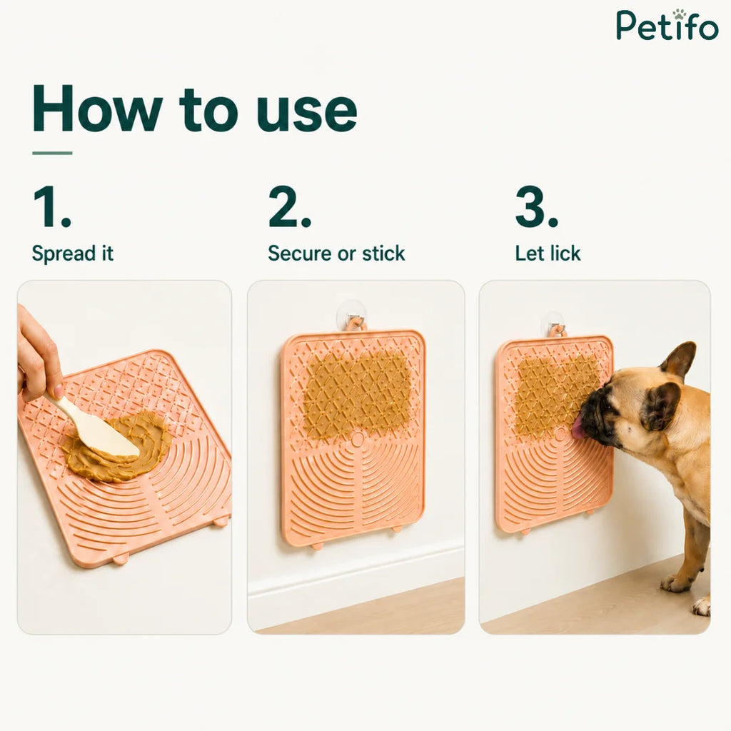 Step-by-step guide showing how to spread food, secure, and let pets lick the Petifo mat