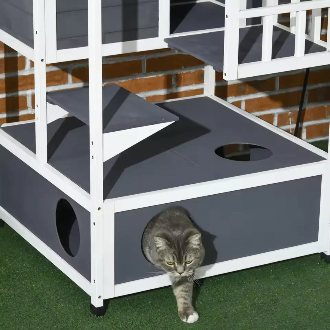 Large Outdoor Wooden Cat House Several storeys for resting, viewing and play - Petifo