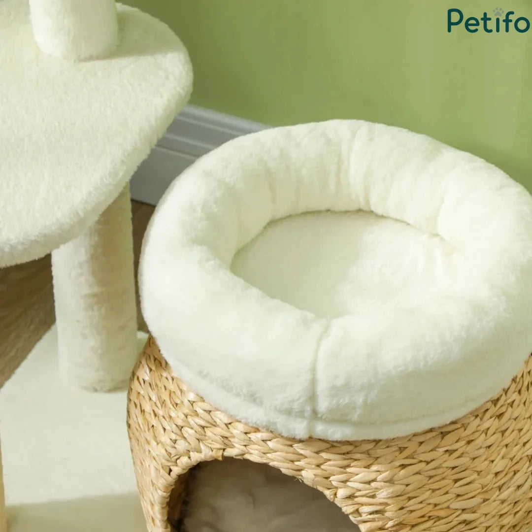 Close-up view of the cozy, thick-cushioned plush bed resting on top of the woven rattan cat basket hideaway.