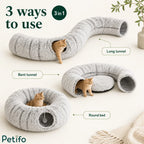 A 3-in-1 versatile cat bed shown configured as a long tunnel, bent tunnel, and round donut bed.