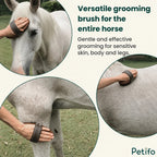 Versatile wooden horse grooming brush being used on a white horse's head, body, and legs.