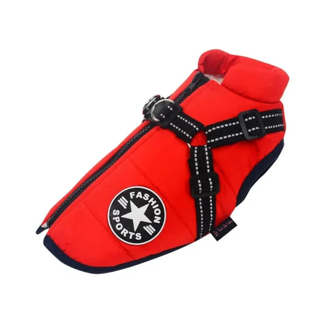 Vibrant red winter dog coat equipped with a built-in safety harness and zipper closure.