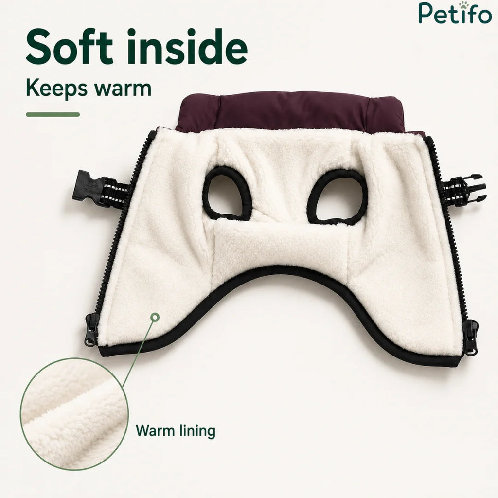 Interior view of the warm fluffy fleece lining inside the insulated winter dog apparel.