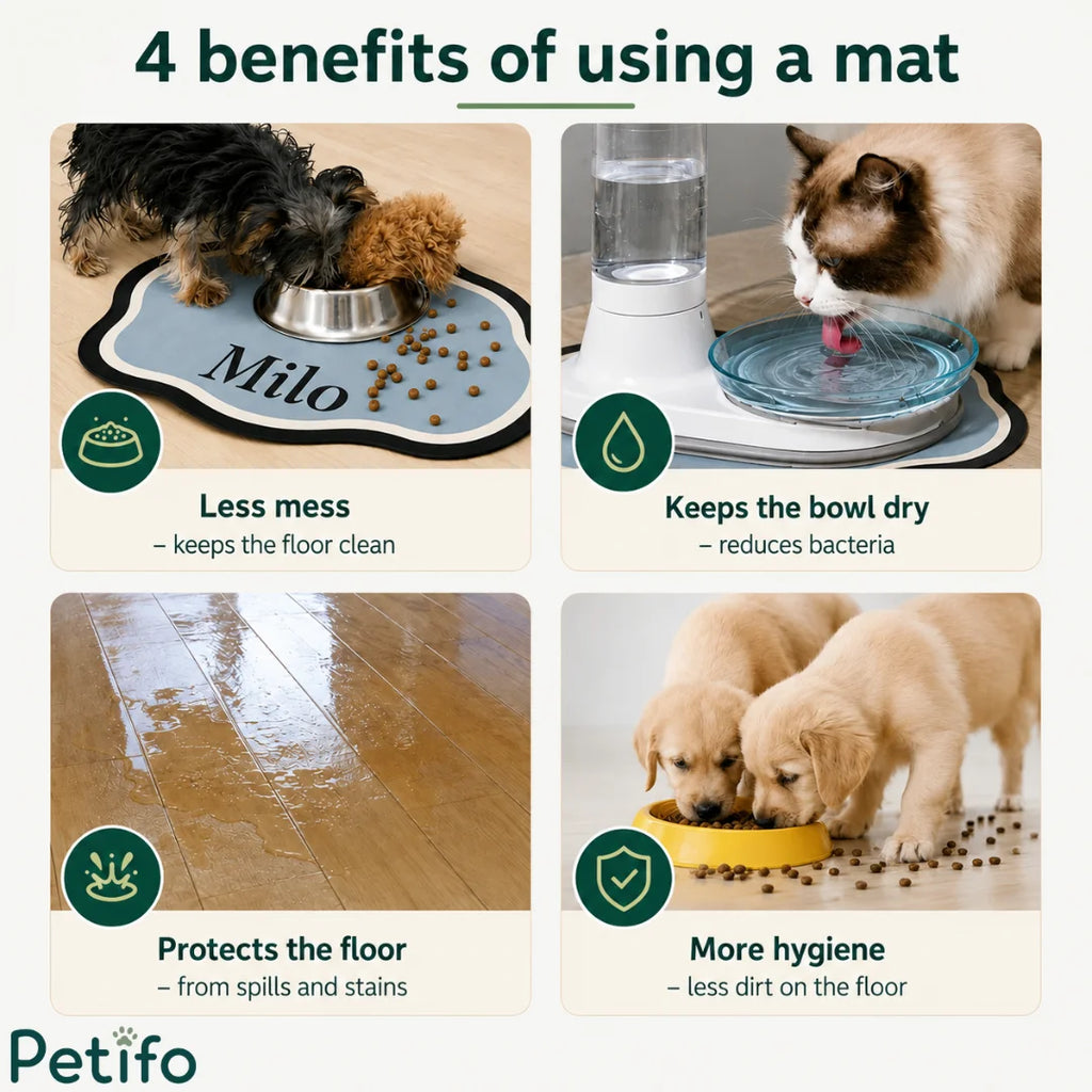 Four-benefit infographic illustrating how waterproof personalized pet feeding mats reduce mess, protect floors, and improve mealtime hygiene.