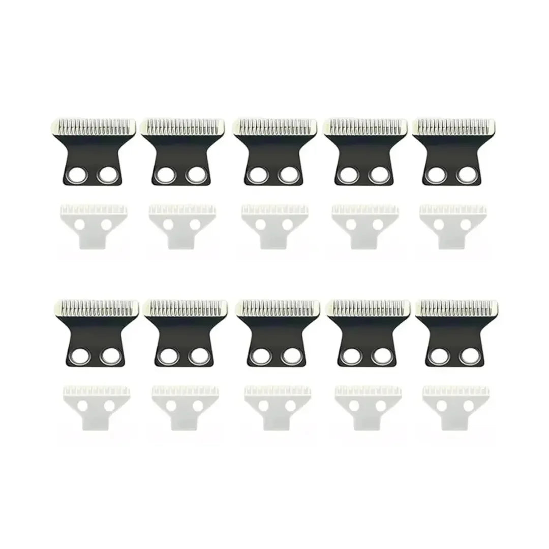 Bulk set of multiple replacement pet trimmer blades and ceramic cutter components arranged neatly on a white background.