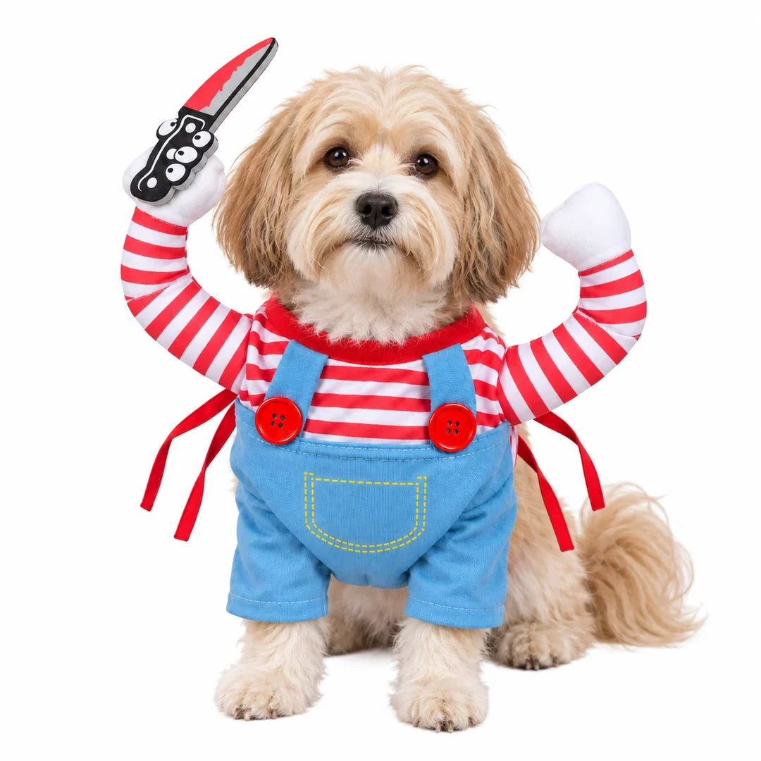Creepy Doll Pet Costume worn by a small long-haired dog