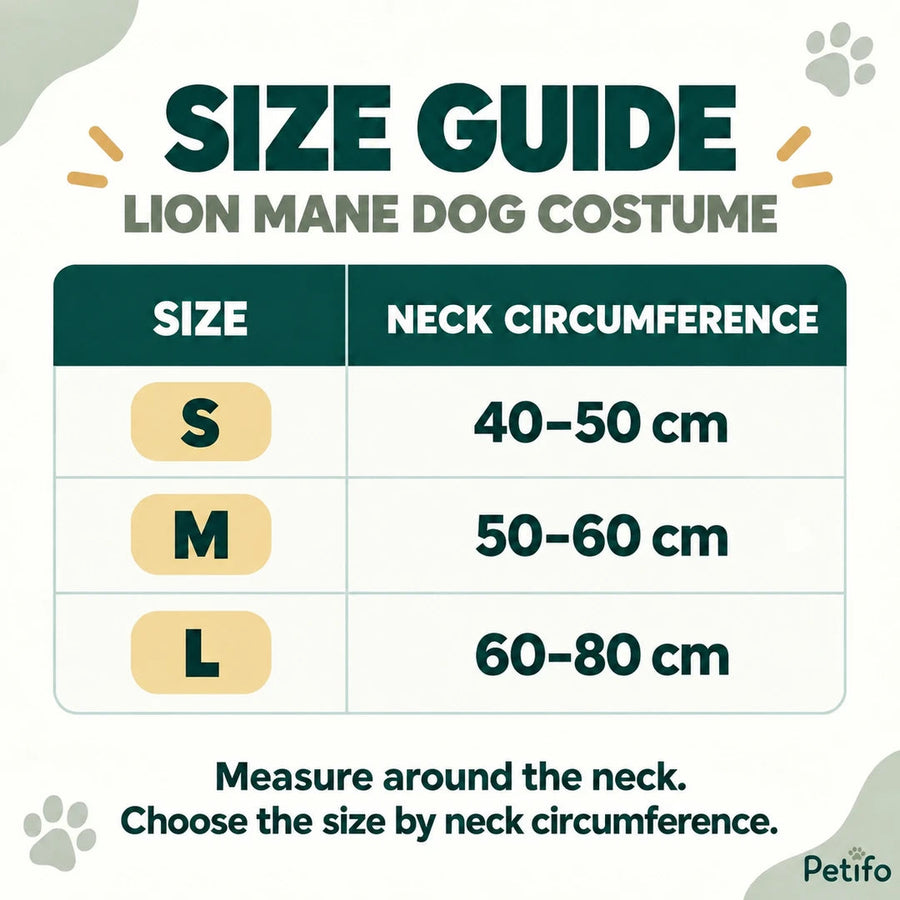 Größentabelle für das Löwenmähne-Kostüm für Hunde: Halsumfang S 40–50 cm, M 50–60 cm und L 60–80 cm - Petifo
