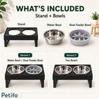 Product package breakdown showing Petifo elevated stand with stainless steel bowl and slow feeder options