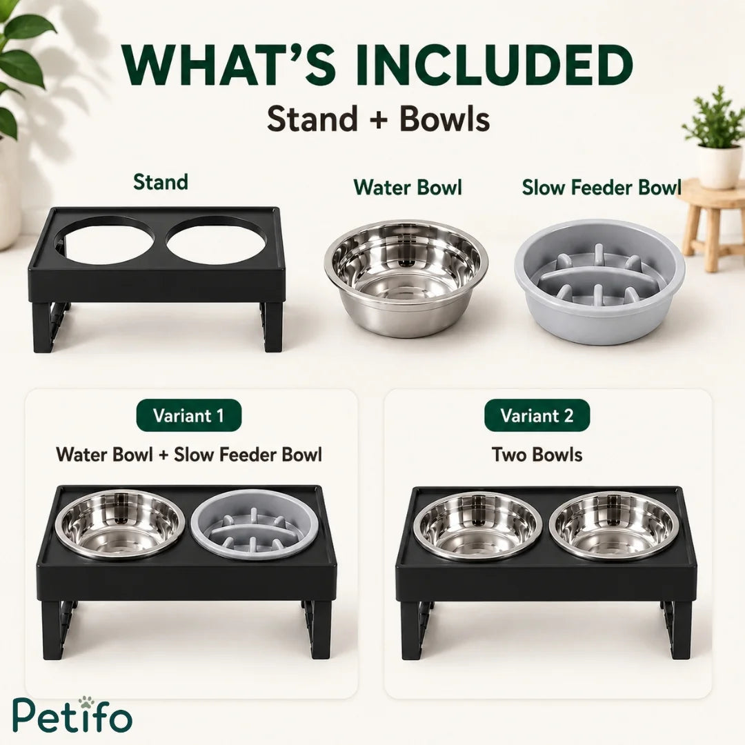 Product package breakdown showing Petifo elevated stand with stainless steel bowl and slow feeder options