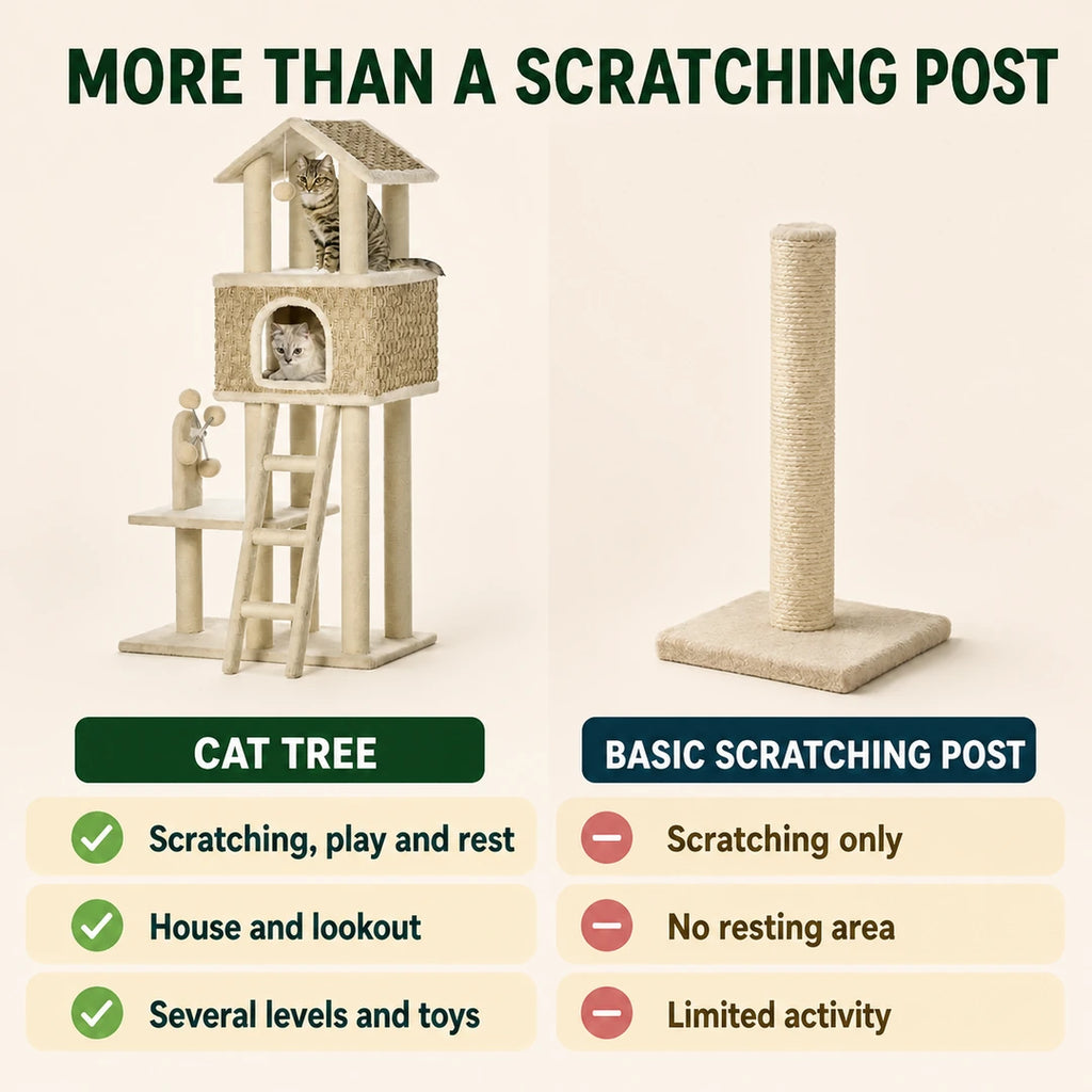 PawHut multi-level cat tree compared with a basic scratching post - Petifo