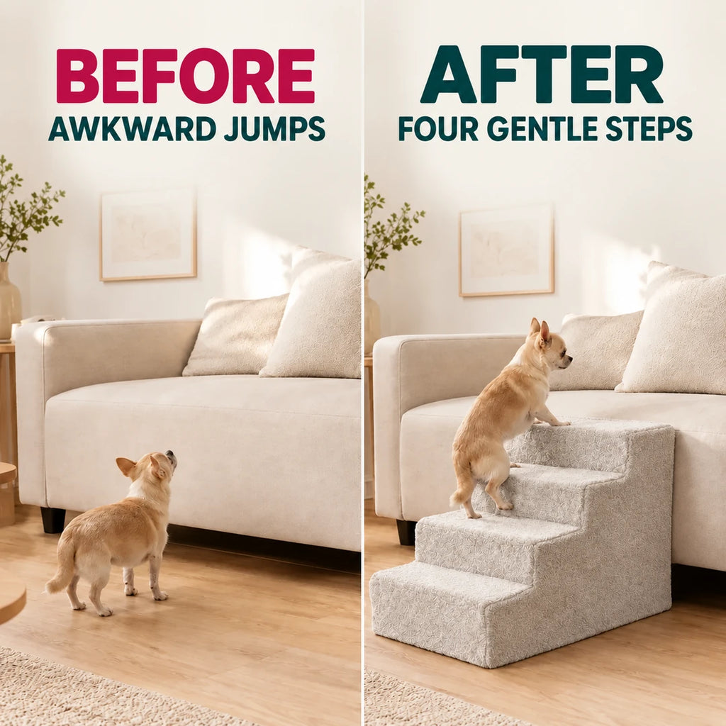 BEFORE and AFTER: awkward jumps compared with four gentle steps using the PawHut Four-Step Pet Stairs - Petifo