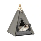 PawHut teepee pet bed: Cat resting inside a grey teepee pet bed with cushion - Petifo