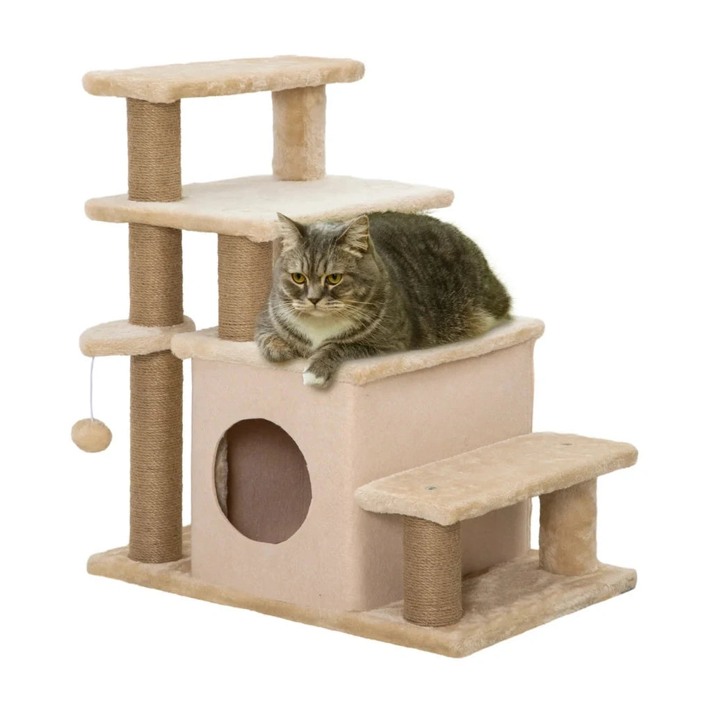 Beige PawHut 3-in-1 cat stairs with scratching posts and cave - Petifo