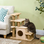 Cat using the beige PawHut 3-in-1 cat stairs and cave - Petifo