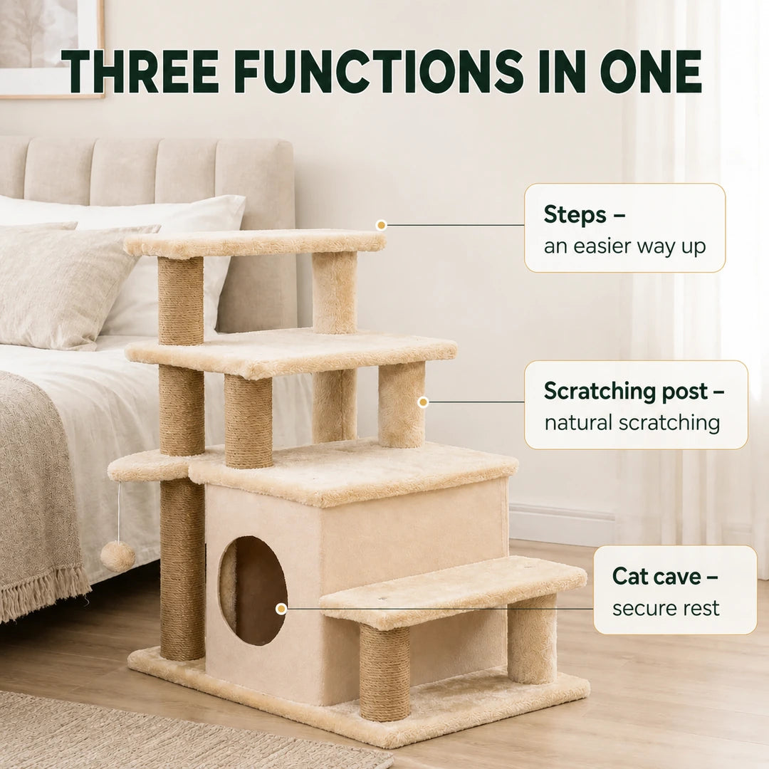 Steps, scratching post and cave on the PawHut 3-in-1 cat stairs - Petifo