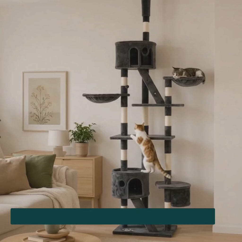 Cats exploring the PawHut floor-to-ceiling cat tree - Petifo