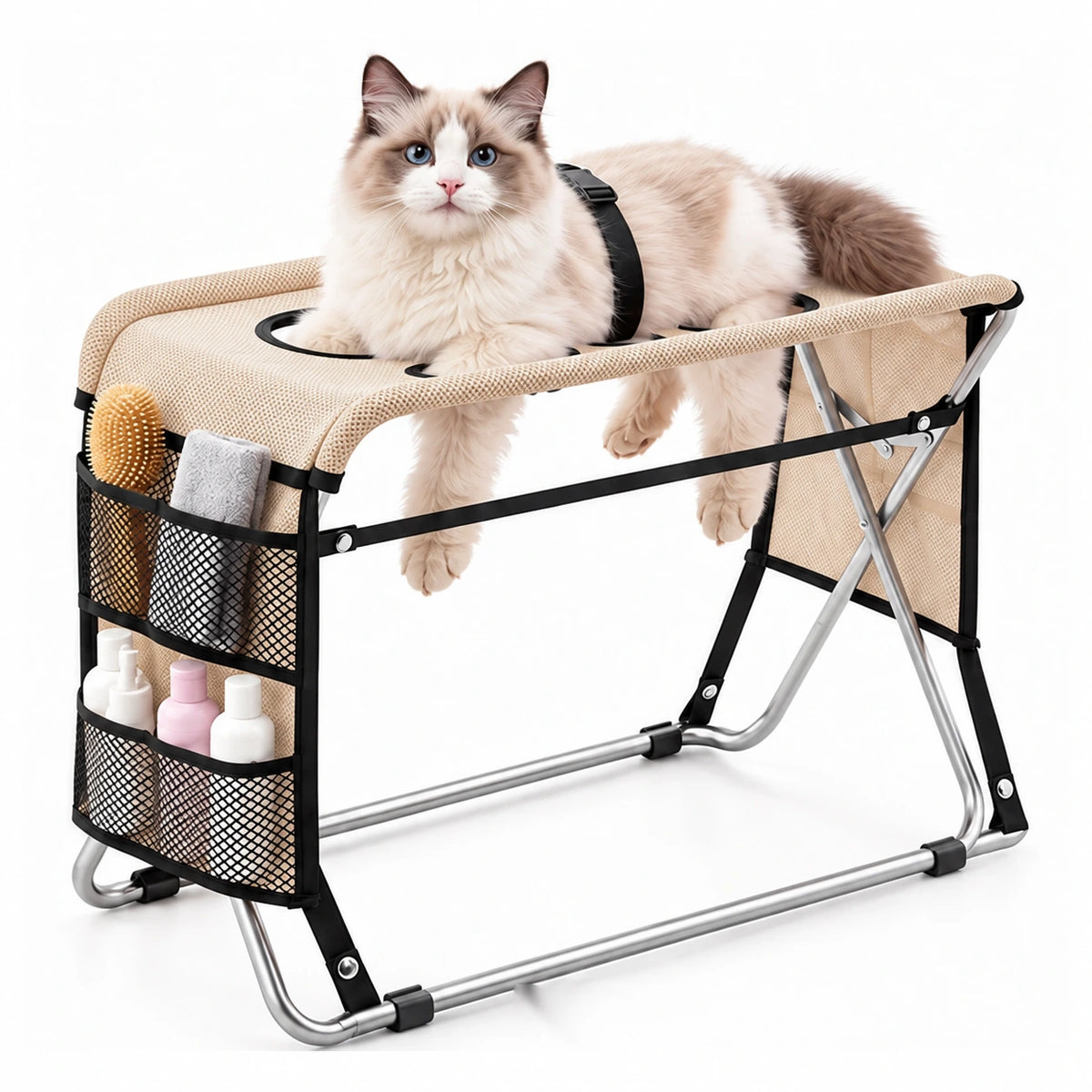 Calm cat on the beige TailCare Pet Grooming Stand with silver folding frame